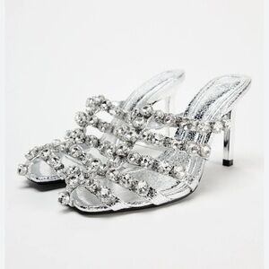 ISO Zara Silver Stiletto Heels with Rhinestone Straps